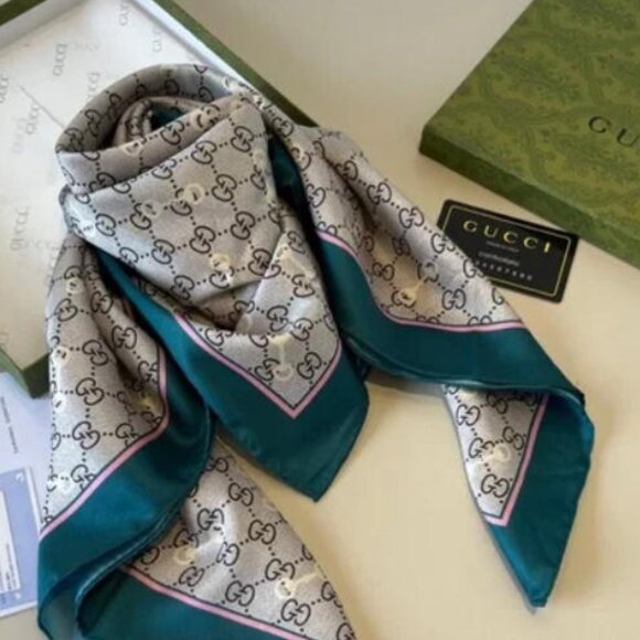Gucci Teal and Cream Silk Scarf - Picture 1 of 6